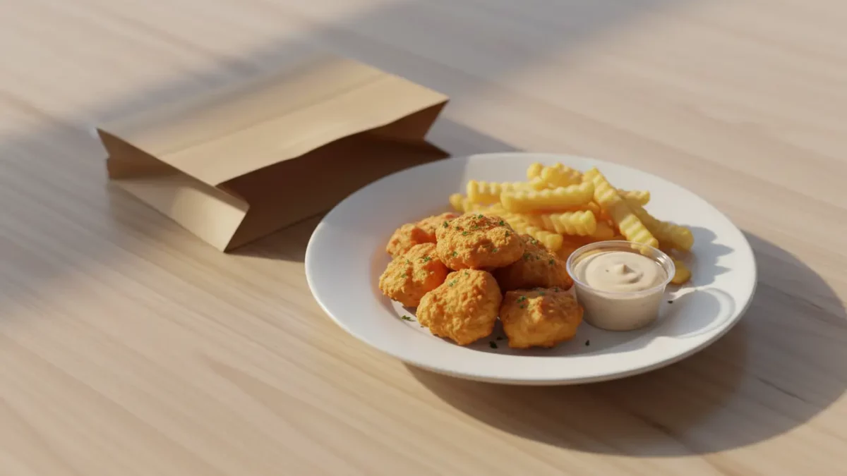 Takeaway-Teller mit Pommes, Hähnchenbällchen und Dip.