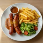 Würstchen mit Pommes, Salat und Sauce.