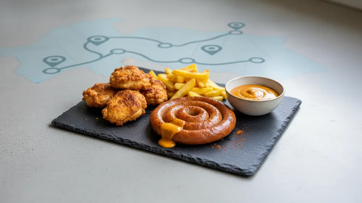 Snackteller mit Nuggets, Würstchen, Pommes und Sauce.