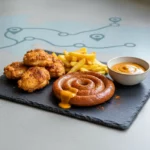 Snackteller mit Nuggets, Würstchen, Pommes und Sauce.