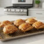 Hähnchenbruststücke auf Backblech im Küchenhintergrund