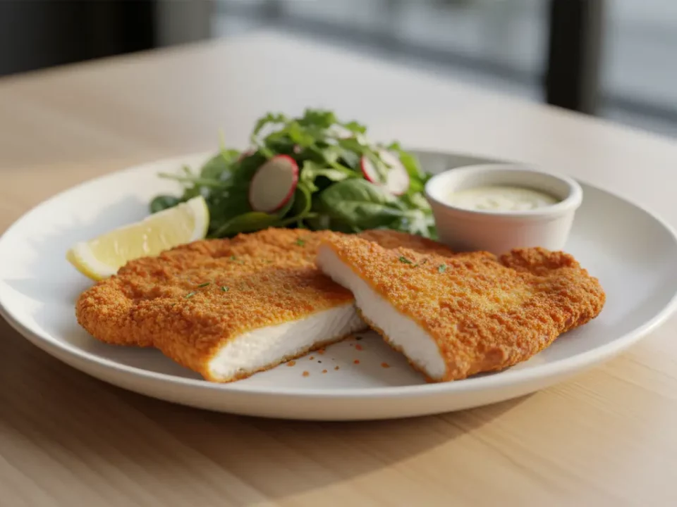 Knuspriges Schnitzel mit Salat, Zitronenscheibe und Dip.