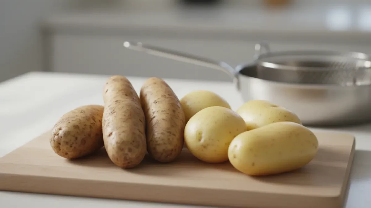 Kartoffeln auf Schneidebrett vor Küchenzubehör