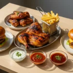 Gegrilltes Brathähnchen, zwei Burger, Pommes und Saucen.