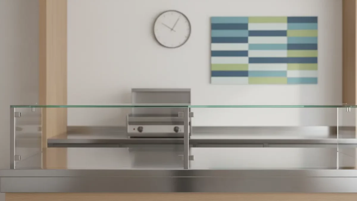 Moderne Innenansicht mit Glasgeländer, Uhr und Wandbild.