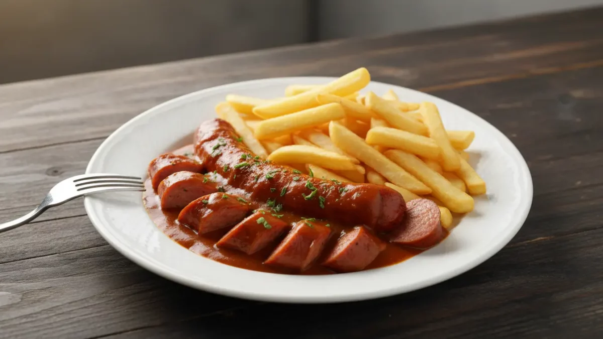 Würstchen in Tomatensauce mit Pommes auf Teller