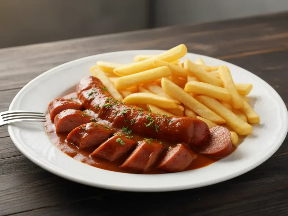 Würstchen in Tomatensauce mit Pommes auf Teller