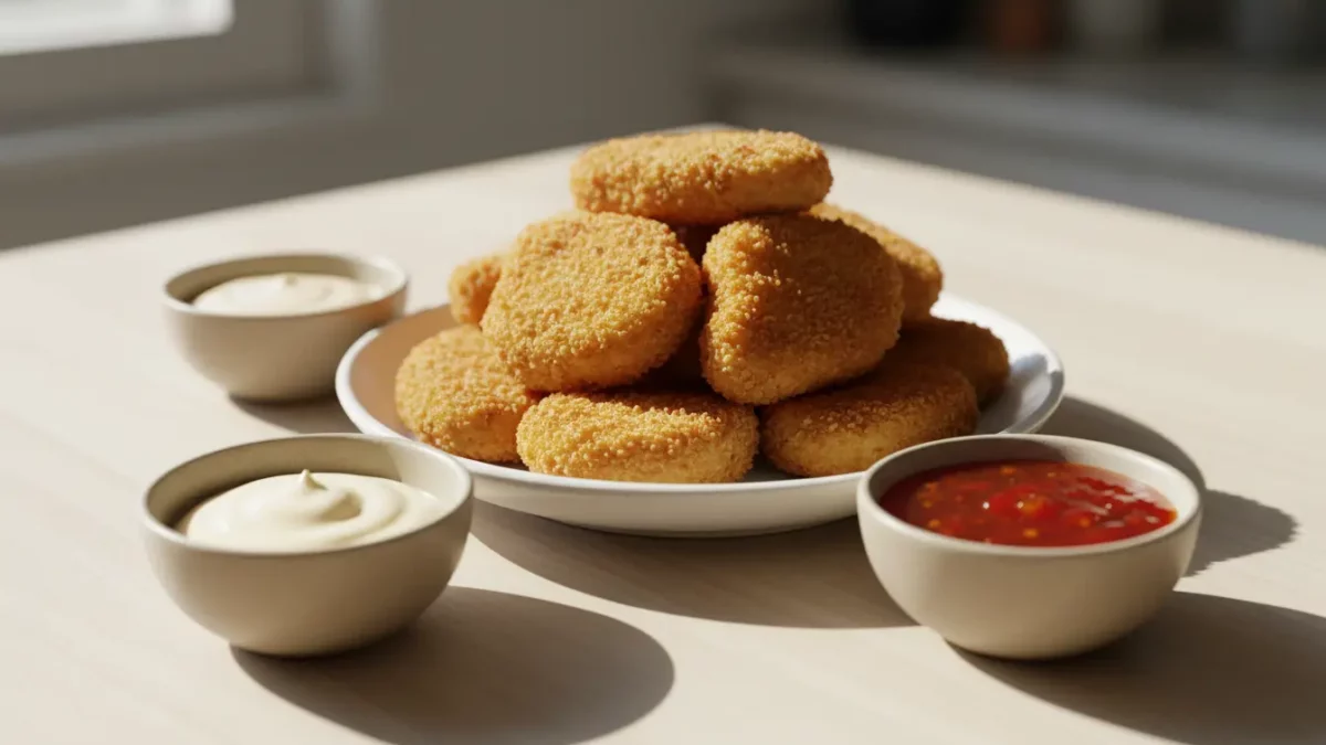 Knusprige Kroketten mit drei Dips auf Platte