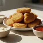 Knusprige Kroketten mit drei Dips auf Platte