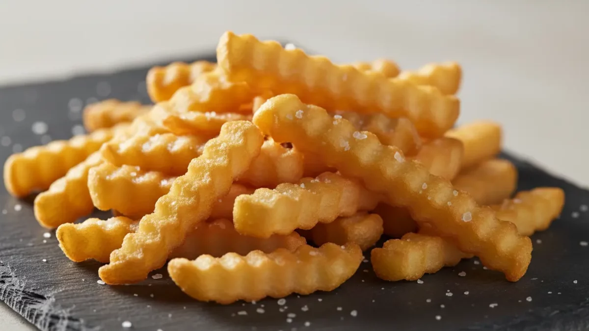 Knusprige Crinkle-Cut-Pommes mit Salz auf schwarzer Platte.