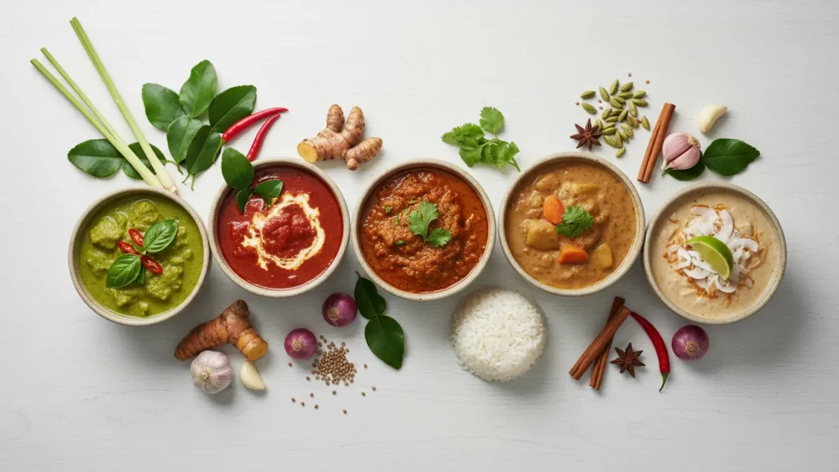 Verschiedene Currys in Schalen mit Reis