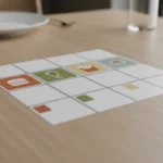 Quadratisches Symbolraster liegt auf Holztisch neben Geschirr.