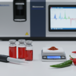 Laborarbeitsplatz mit Fläschchen roter Flüssigkeit, Pipette, Waage mit rotem Pulver und Paprika