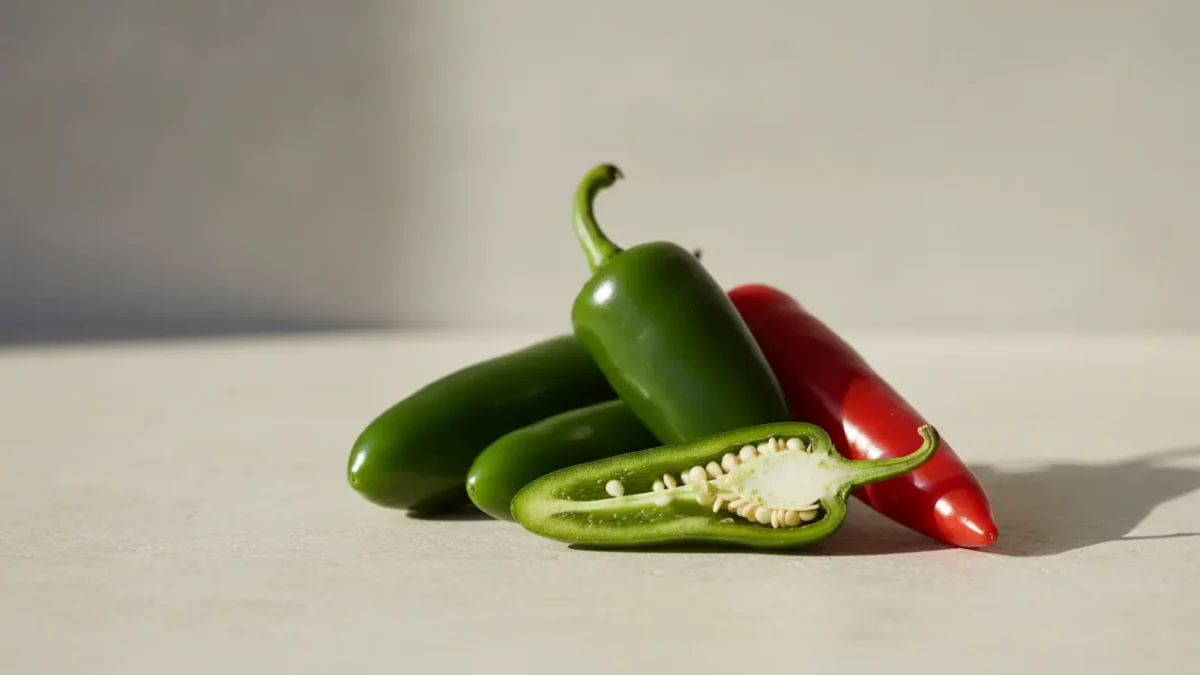 Grüne und rote Paprika auf heller Oberfläche; aufgeschnitten.