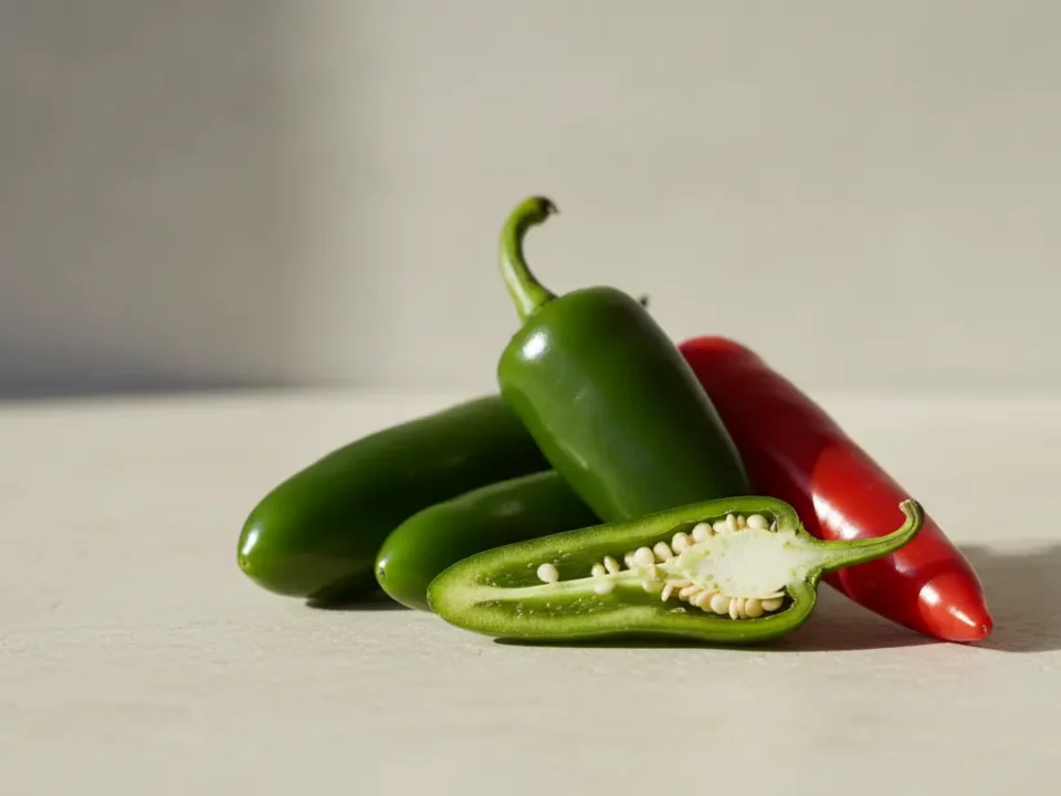 Grüne und rote Paprika auf heller Oberfläche; aufgeschnitten.