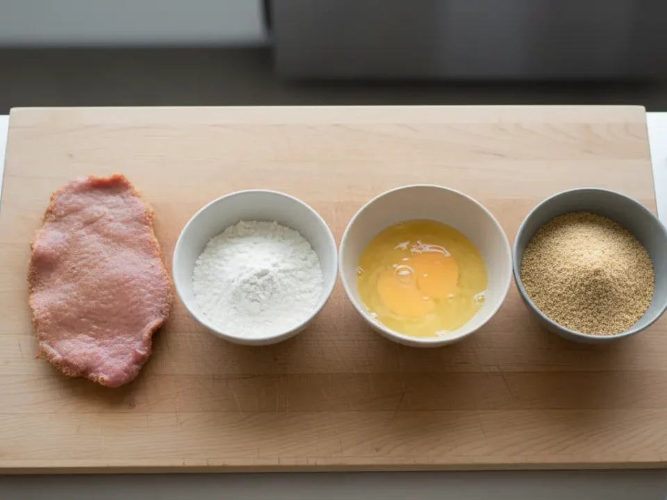 Rohes Schnitzel mit Mehl, Ei und Semmelbröseln.