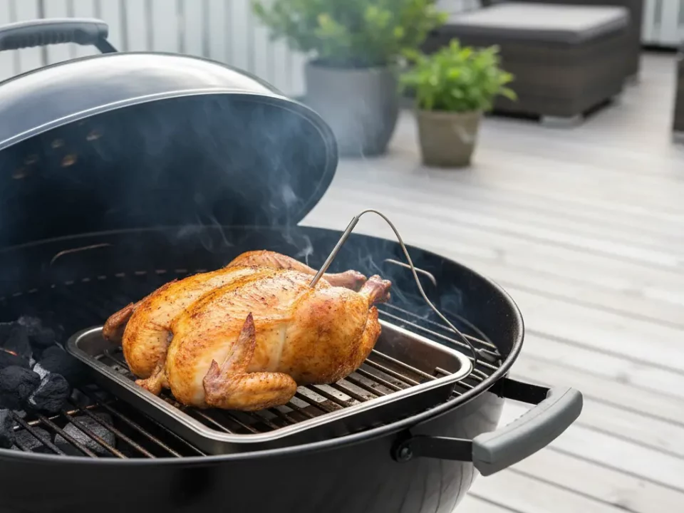 Hähnchen brät auf Kugelgrill, Terrasse im Hintergrund.