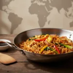 Gebratene Nudeln mit Gemüse in Pfanne auf Holztisch.