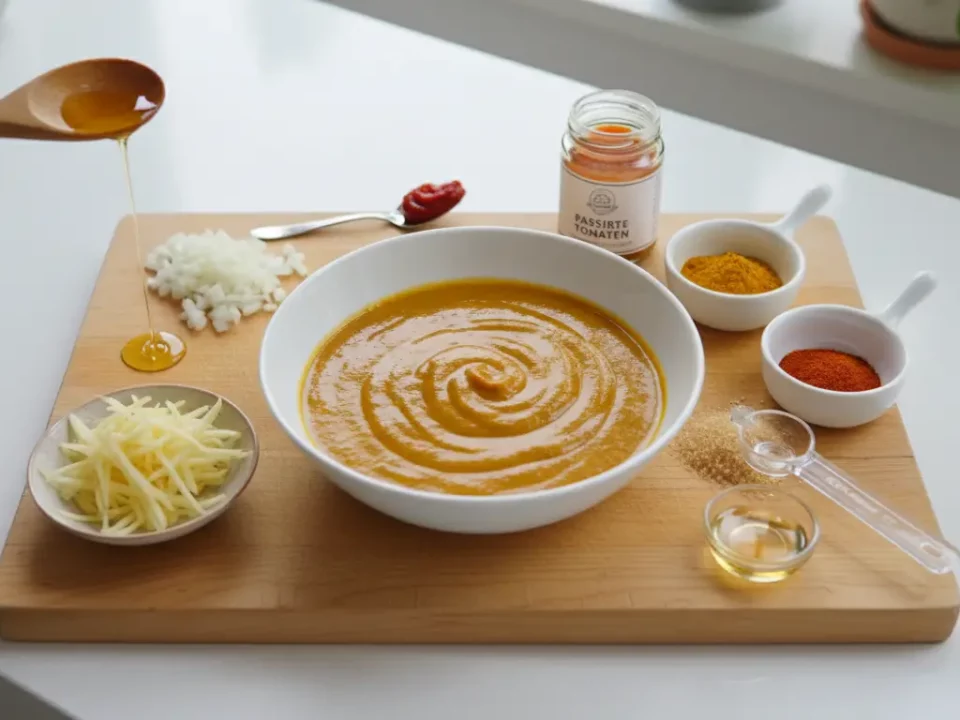 Kürbiscremesuppe in Schüssel auf Holzbrett, Gewürze daneben