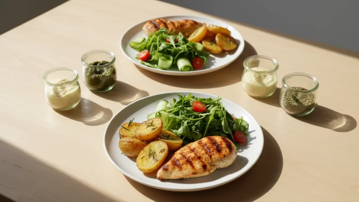 Gegrillte Hähnchenbrust mit Kartoffeln und Salat.