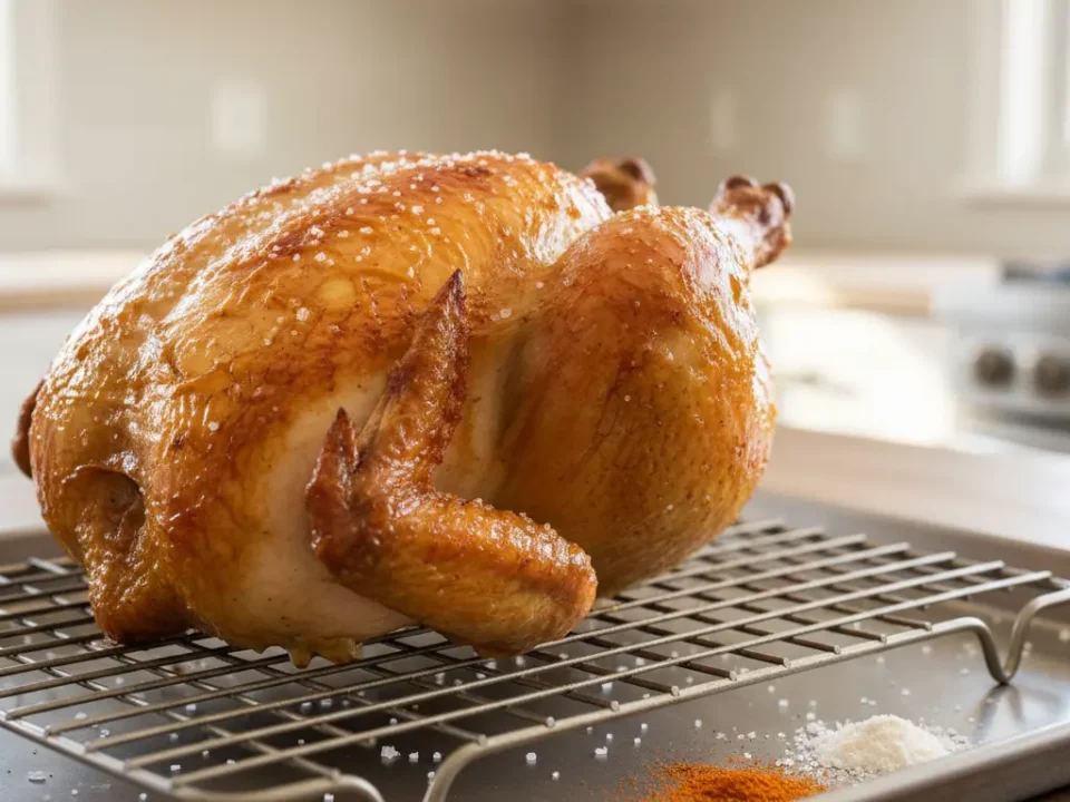 Gebackenes Truthuhn auf Rostgitter in der Küche.