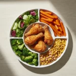 Geteilte Platte mit frittiertem Hähnchen und Gemüse