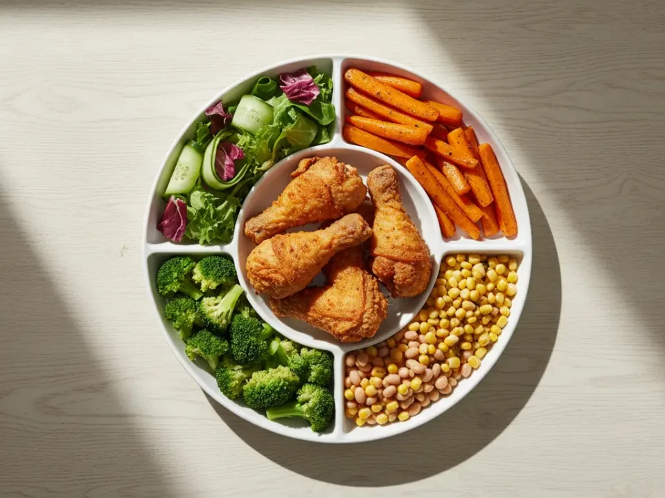 Geteilte Platte mit frittiertem Hähnchen und Gemüse