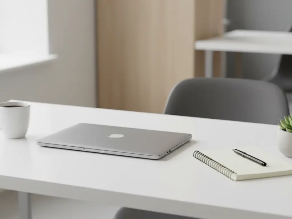 Schreibtisch mit Laptop, Kaffeetasse und Sukkulente.