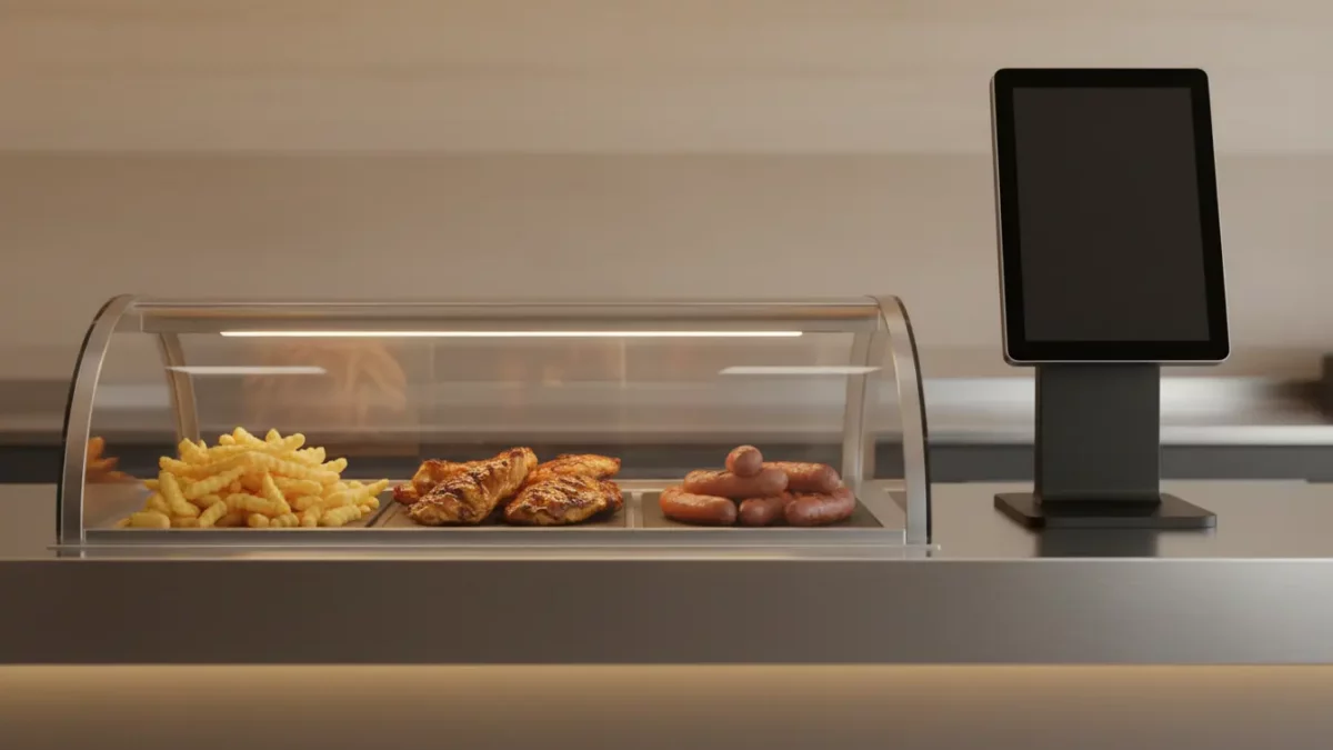 Imbissvitrine mit Pommes, Hühnchen und Würsten.