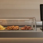 Imbissvitrine mit Pommes, Hühnchen und Würsten.