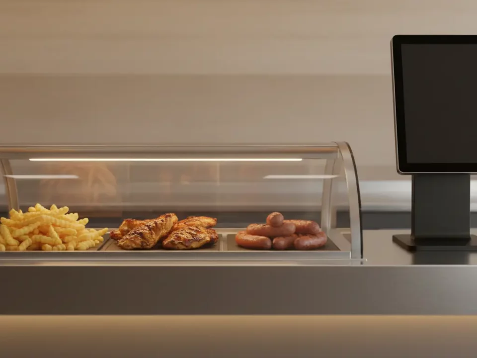 Imbissvitrine mit Pommes, Hühnchen und Würsten.