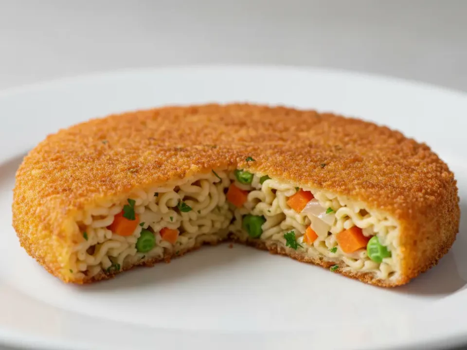 Panierte Nudel-Krokette, gefüllt mit Gemüse und Erbsen