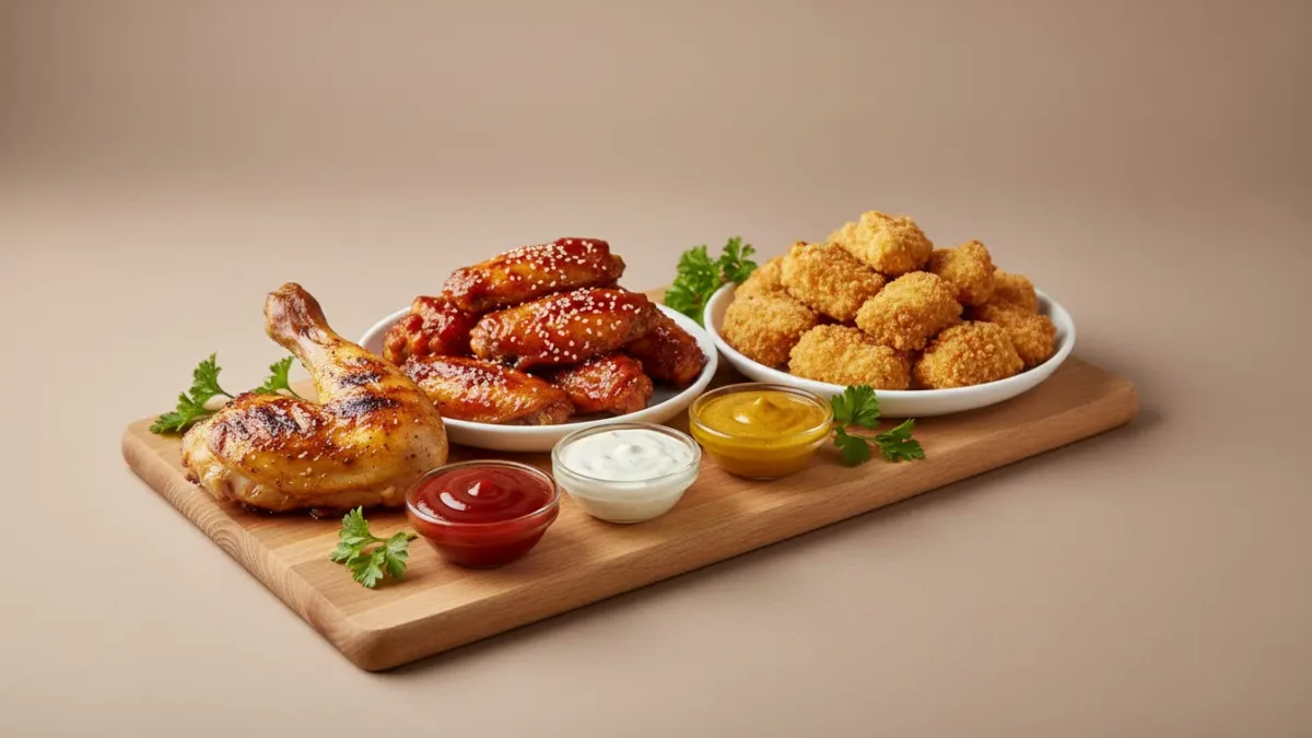 Knusprige Hähnchenteile und Nuggets mit Dips auf Holzbrett