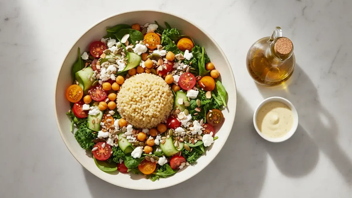 Bunter Salat mit Quinoa-Dom, Tomaten, Gurken und Feta.