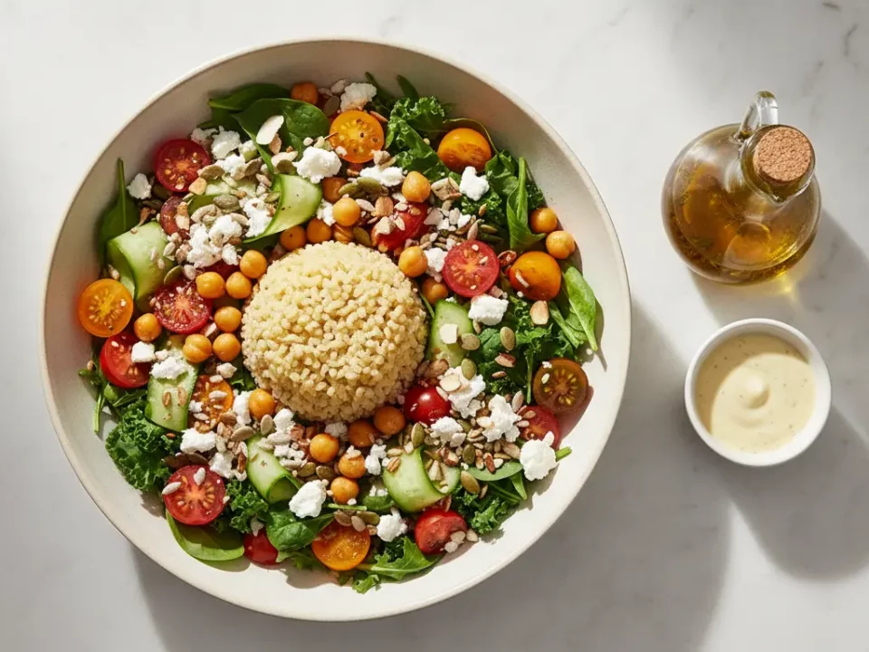 Bunter Salat mit Quinoa-Dom, Tomaten, Gurken und Feta.