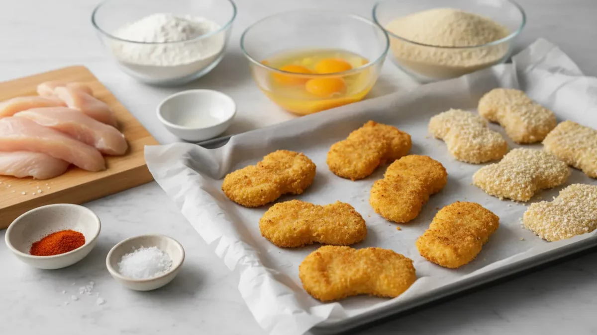 Rohes Hähnchen, Eier, Mehl und Paniermehl auf Backblech