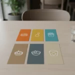 Bunte Speisekarten mit Symbolen auf Holztisch.