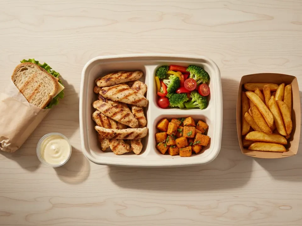 Mittagessen-Box mit gegrilltem Hähnchen, Gemüse und Pommes.