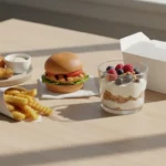 Burger, Pommes, Hähnchen und Beeren-Dessert auf dem Tisch.