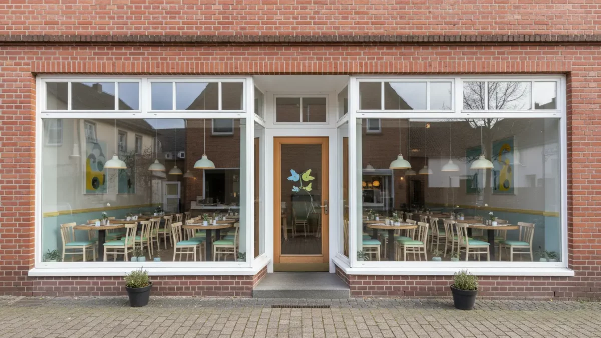 Gemütliches Café in Backsteinfassade mit großen Fenstern.