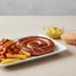 Bratwurst-Spirale mit Pommes und drei Dips