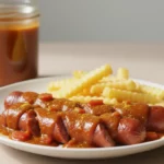 Würstchen in Soße mit Pommes auf Teller