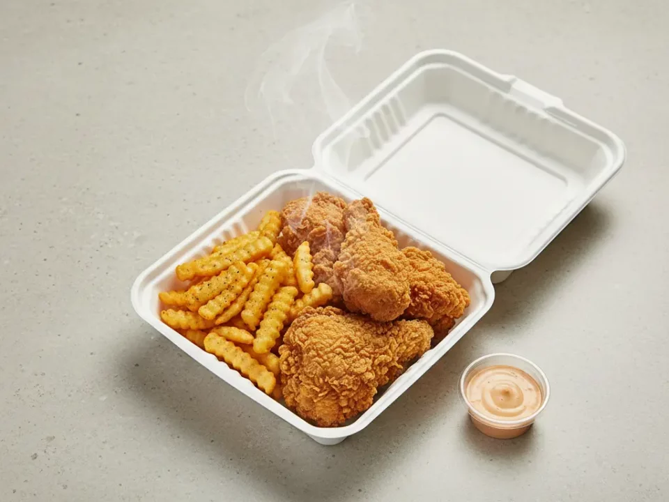 Frittiertes Hähnchen mit Pommes in Box, Soße daneben.