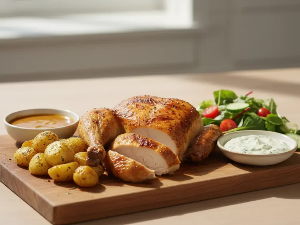 Brathähnchen mit Kartoffeln, Salat und Dip