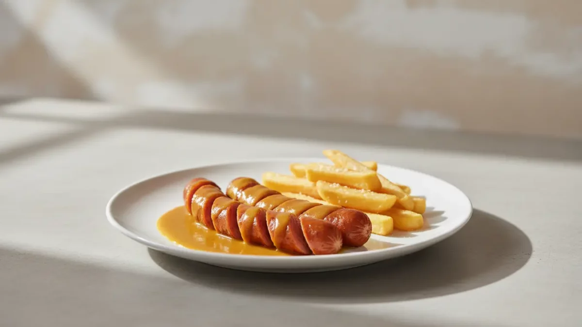 Teller mit Würstchen in Soße und Pommes.