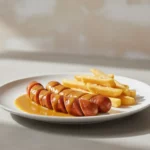 Teller mit Würstchen in Soße und Pommes.