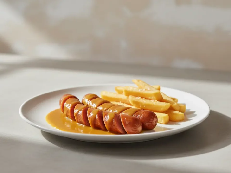 Teller mit Würstchen in Soße und Pommes.