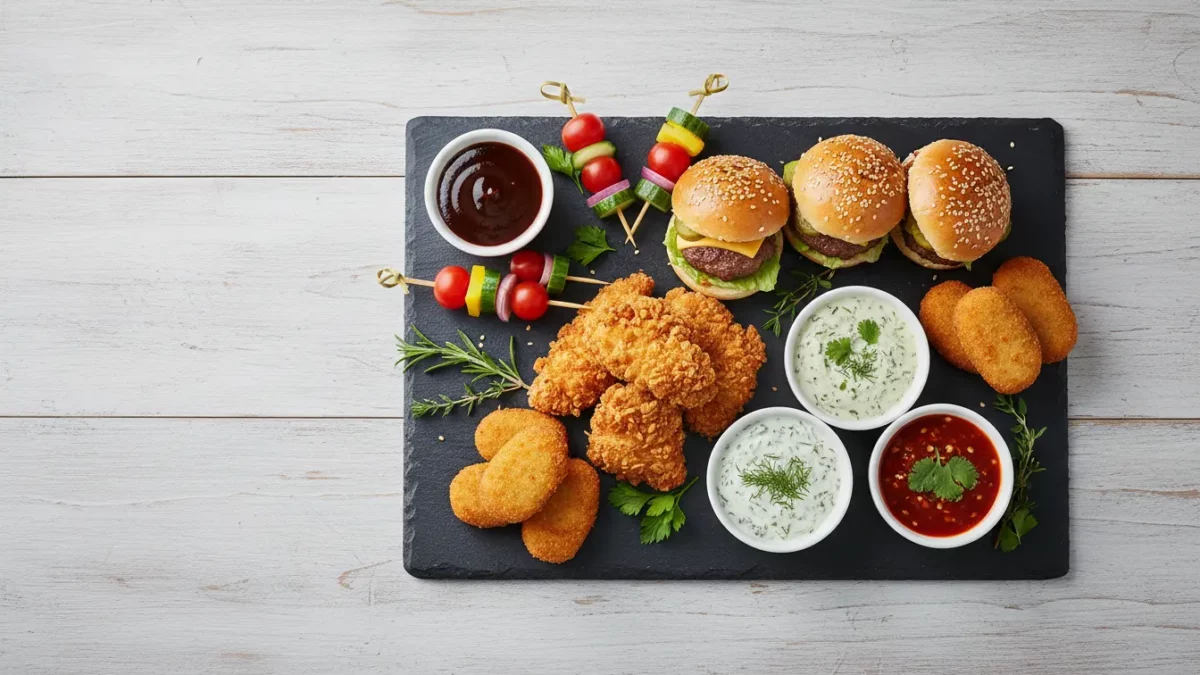 Snackplatte mit Mini-Burgern, Hähnchen, Kroketten und Dips