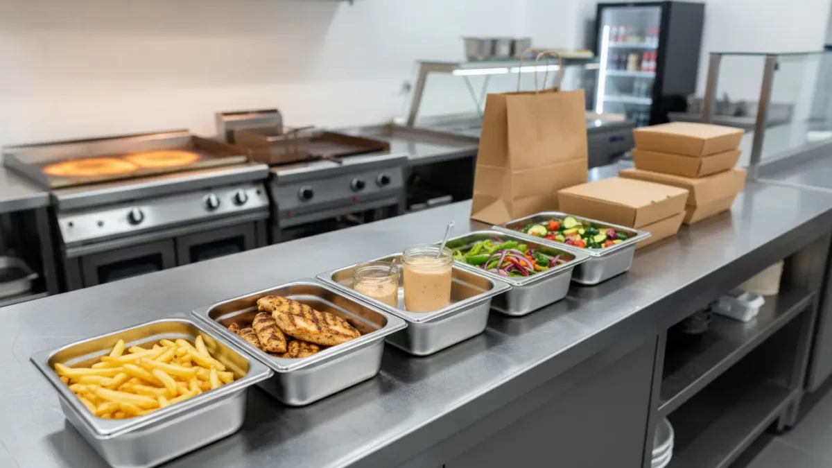 Metallbehälter mit Pommes, Hähnchen, Soßen und Salat auf Edelstahl-Theke.