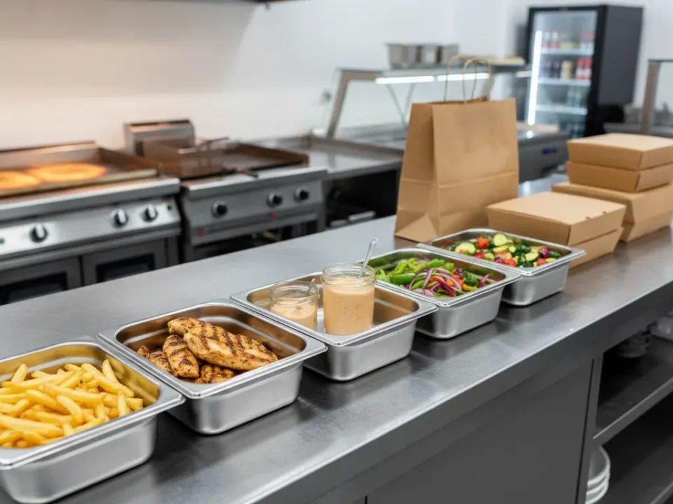 Metallbehälter mit Pommes, Hähnchen, Soßen und Salat auf Edelstahl-Theke.